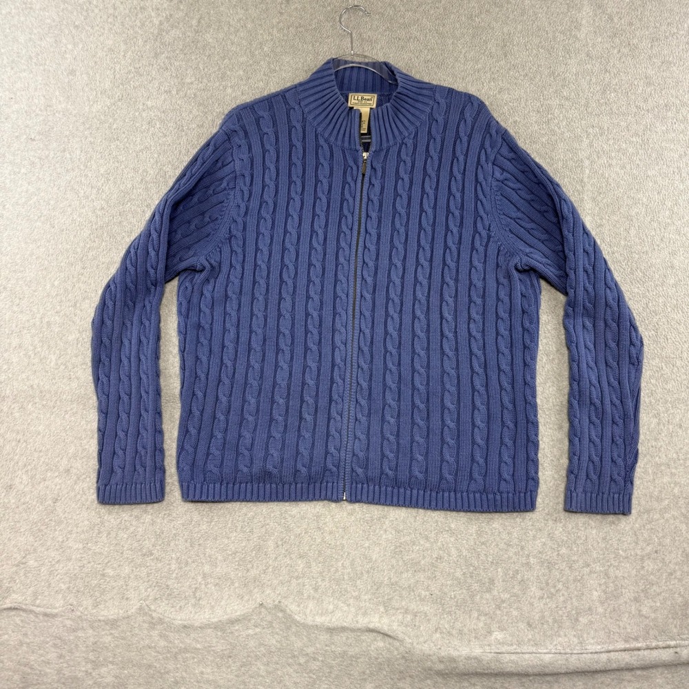 LL Bean Cable Knit Sweater Womens L Purple Full Zip Cotton Cardigan 0FBH1